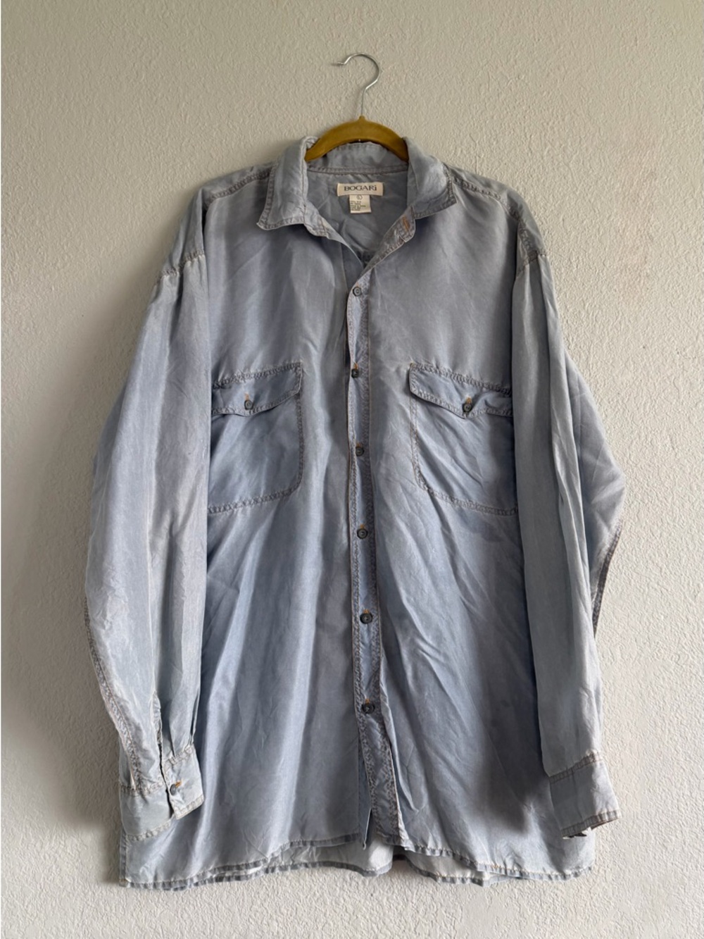 Bogari Vintage 100% Silk Shirt Large Sandwashed Chambray Look Grandpacore READ